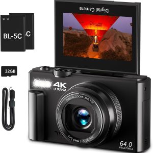 4K Digital Camera for Photography, WiFi 64MP 180° Flip Screen 3" Autofocus Vlogging Camera for YouTube, 16X Zoom Compact Point and Shoot Cameras for Beginner with 32GB Card, 2 Batteries